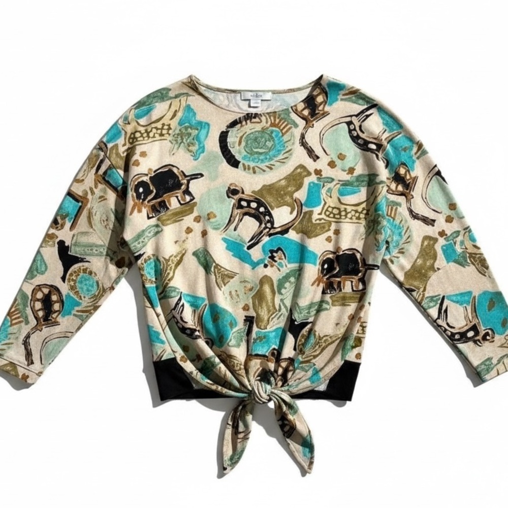 4/$20 Vintage m.j. carroll Abstract Animal Print Tie Front Top Boho Retro Small - Picture 2 of 4